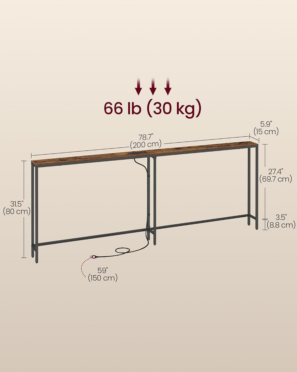 VASAGLE Narrow Console Table with Power Outlet, Behind Couch Sofa Tables, Easy Assembly, for Entryway, Living Room, 5.9 x 78.7 x 31.5 inches, Rustic Brown and Ink Black, Barnet Collection ULNT077K101