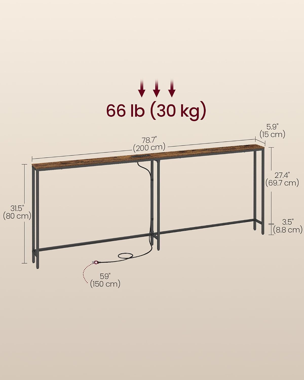 VASAGLE Narrow Console Table with Power Outlet, Behind Couch Sofa Tables, Easy Assembly, for Entryway, Living Room, 5.9 x 78.7 x 31.5 inches, Rustic Brown and Ink Black, Barnet Collection ULNT077K101