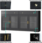 Sideboard Buffet Cabinet with LED Lights, 55.1 Storage Cabinet with 2 Large Drawers & 4 Glass Doors, Modern Kitchen Display Cabinet with Adjustable Shelves, Coffee Bar for Kitchen Living Room (Black)