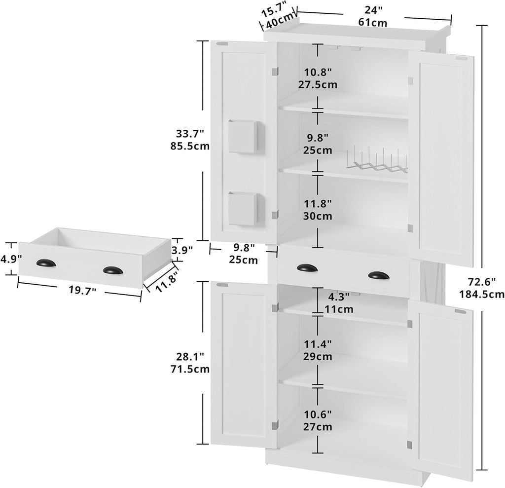 IRONCK Kitchen Pantry Storage Cabinet 72.6" H x 24" W, White | Freestanding Storage Cabinet with Barn Doors, Drawer, 4 Adjustable Shelves, Tall Snack Food Cabinet for Dining Room