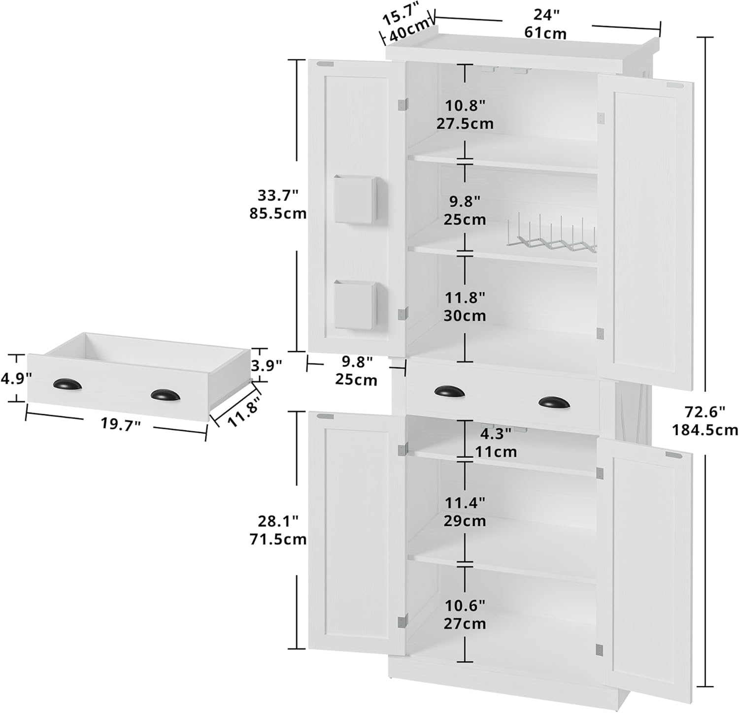 IRONCK Kitchen Pantry Storage Cabinet 72.6" H x 24" W, White | Freestanding Storage Cabinet with Barn Doors, Drawer, 4 Adjustable Shelves, Tall Snack Food Cabinet for Dining Room