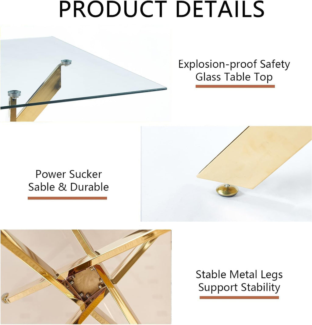 Modern Dining Table for 4 People, 36" Square Dining Table with Gold Chrome Metal X-Base, Square Tempered Glass Dining Room Table, Small Kitchen Dining Room Tables Dinner Tables