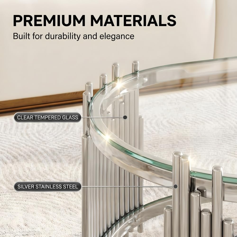 Coffee Table Set, 2-Piece Oval Glass Nesting Tables, Polished Chrome | Rhythmic Vertical Metal Rods Add Sculptural Style to Living Rooms, Offices, and Lounge Areas