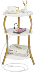 Small Round Side Table with Charging Station, 3-Tier Waist Circular End Table with Storage Shelf, Compact Tea Sofa Side Table Small Spaces, Round Corner Coffee Table for Living Room Bedroon,White+Gold