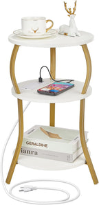 Small Round Side Table with Charging Station, 3-Tier Waist Circular End Table with Storage Shelf, Compact Tea Sofa Side Table Small Spaces, Round Corner Coffee Table for Living Room Bedroon,White+Gold