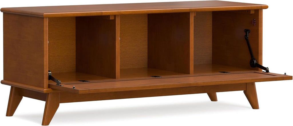 SIMPLIHOME Draper Storage Bench - 44 inch Wide Solid Wood Entryway Bench in Teak Brown, Mid Century Hallway Bench for Living Room with Flip-Down Door and 3 Cubbies
