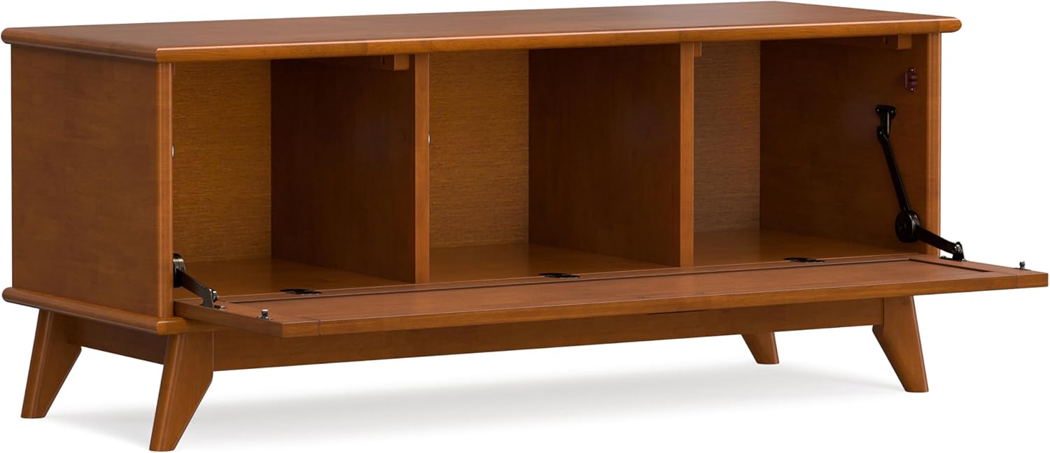 SIMPLIHOME Draper Storage Bench - 44 inch Wide Solid Wood Entryway Bench in Teak Brown, Mid Century Hallway Bench for Living Room with Flip-Down Door and 3 Cubbies