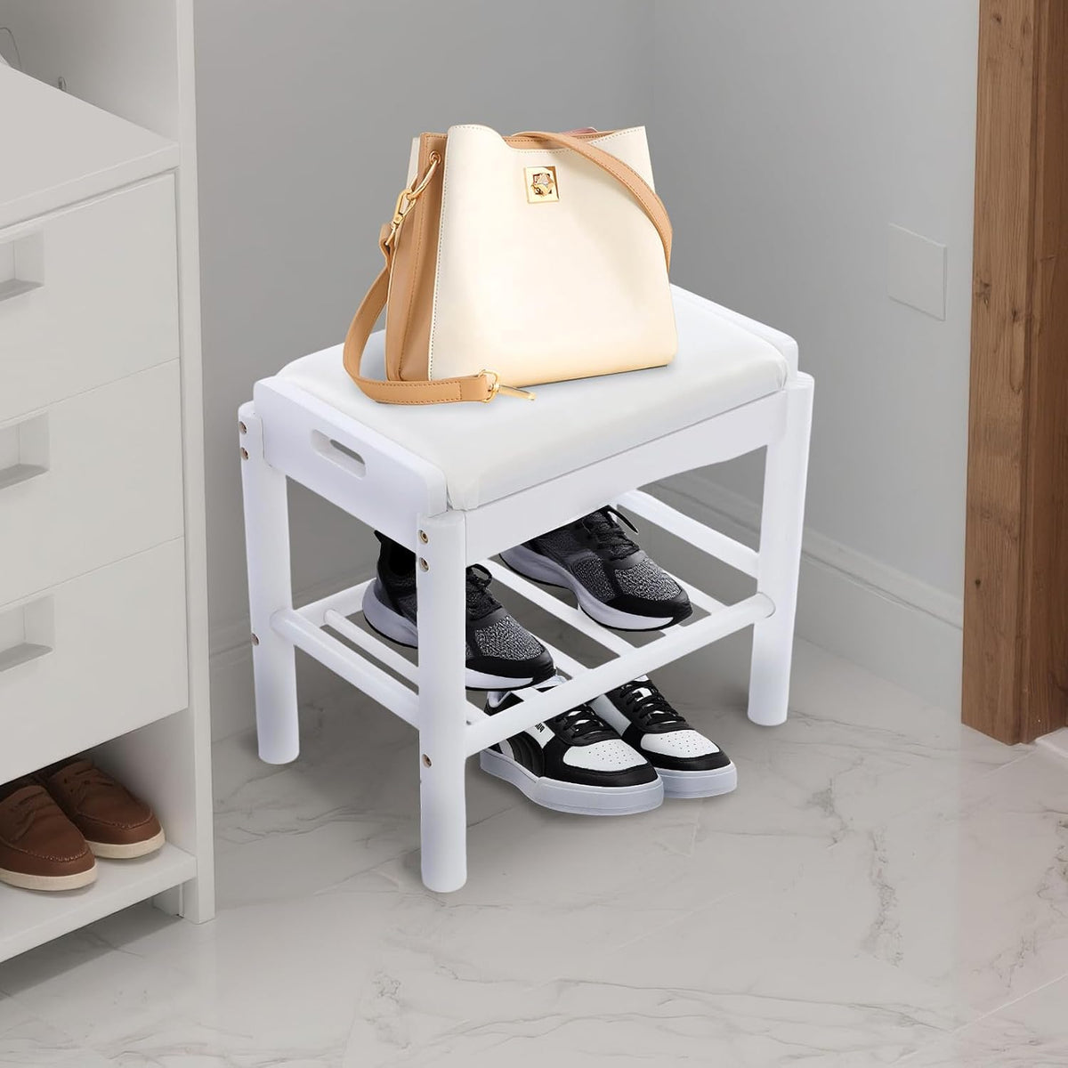 Shoe Bench with Cushion, 2-Tier Bamboo Shoe Rack Bench, Entryway Shoe Storage Organizer with Compartment, Wooden Shoe Storage Bench for Hallway, Living Room, Closet, Bedroom (White)