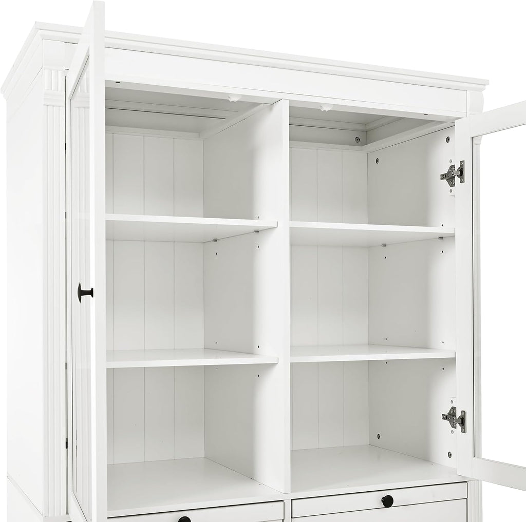 Polibi Large 72" H x 40" W Kitchen Pantry Cabinet Freestanding Storage with Glass Doors, Adjustable Shelves & Drawers, Serving Trays for Coffee Bar or Dining Room, White