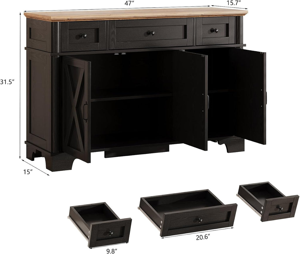 BestHaped Farmhouse Buffet Cabinet with Storage, Black Sideboard Buffet Cabinet with Adjustable Shelves & 3 Drawers, Buffet Table Coffee Bar Wine Bar Storage for Kitchen & Living Room, 47 Inch