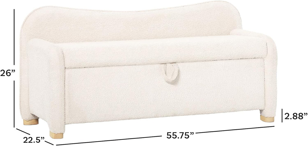 Walker Edison Chantelle Modern Contemporary Curved Upholstered Bench with Storage, 56 Inch, Ivory Bouclé