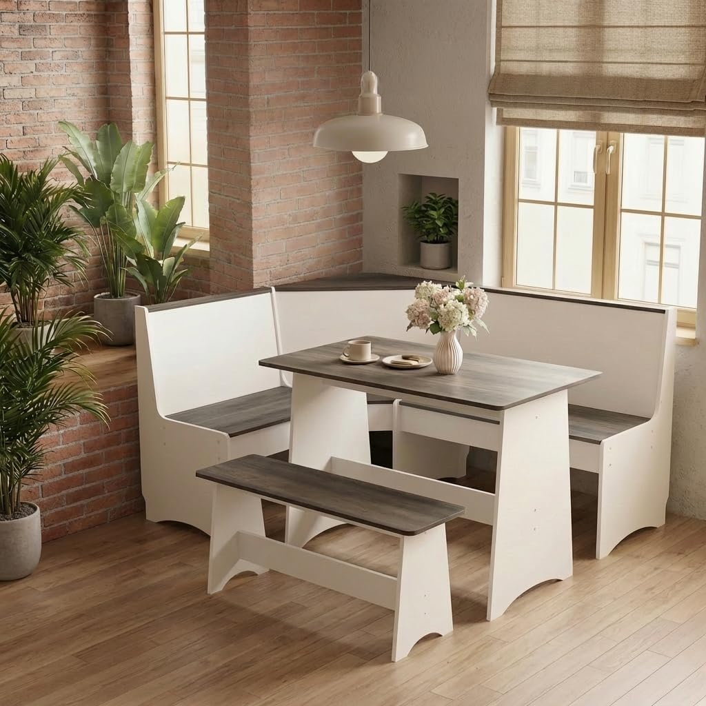 Farmhouse Breakfast Nook Table Set, Dining Nook Set with Corner Bench,with Storage Function Mid Century Modern Small Dining Table Set, Kitchen Table Corner Set (Gray + White)