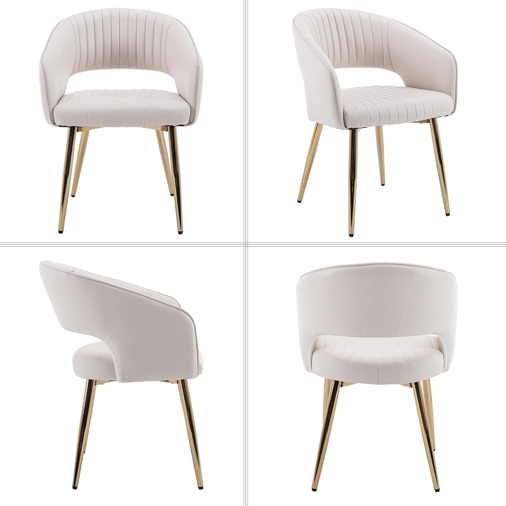 Modern Dining Chairs Set of 4, Upholstered PU Leather Dining Room Chairs with Gold Metal Legs, Accent Kitchen Chairs with Curved Backrest for Living Room, Cream