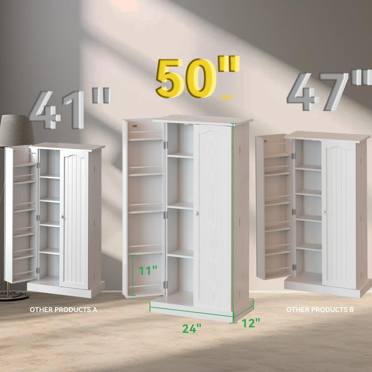 FJTJBSI 50" LED Kitchen Pantry Cabinet White Storage Cabinet Food Pantry with Doors and Adjustable Shelves Freestanding Buffet Cupboards Sideboard for Kitchen Living Room and Dinning Room
