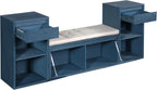 SOFTSEA All-in-One Entryway Storage Bench with Cushion, Compartments, Drawers and Open Shelves, Farmhouse Storage Bench for Hallway, Mudroom, Living Room, Antique Navy