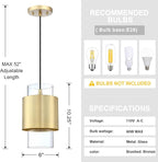 1 Light 3 Pack Hanging Indoor Kitchen Island Pendant Light 6" Drum Glass Shade Pendant Ceiling Light Fixtures Modern Farmhouse Dinning Over Sink (Gold Finish)
