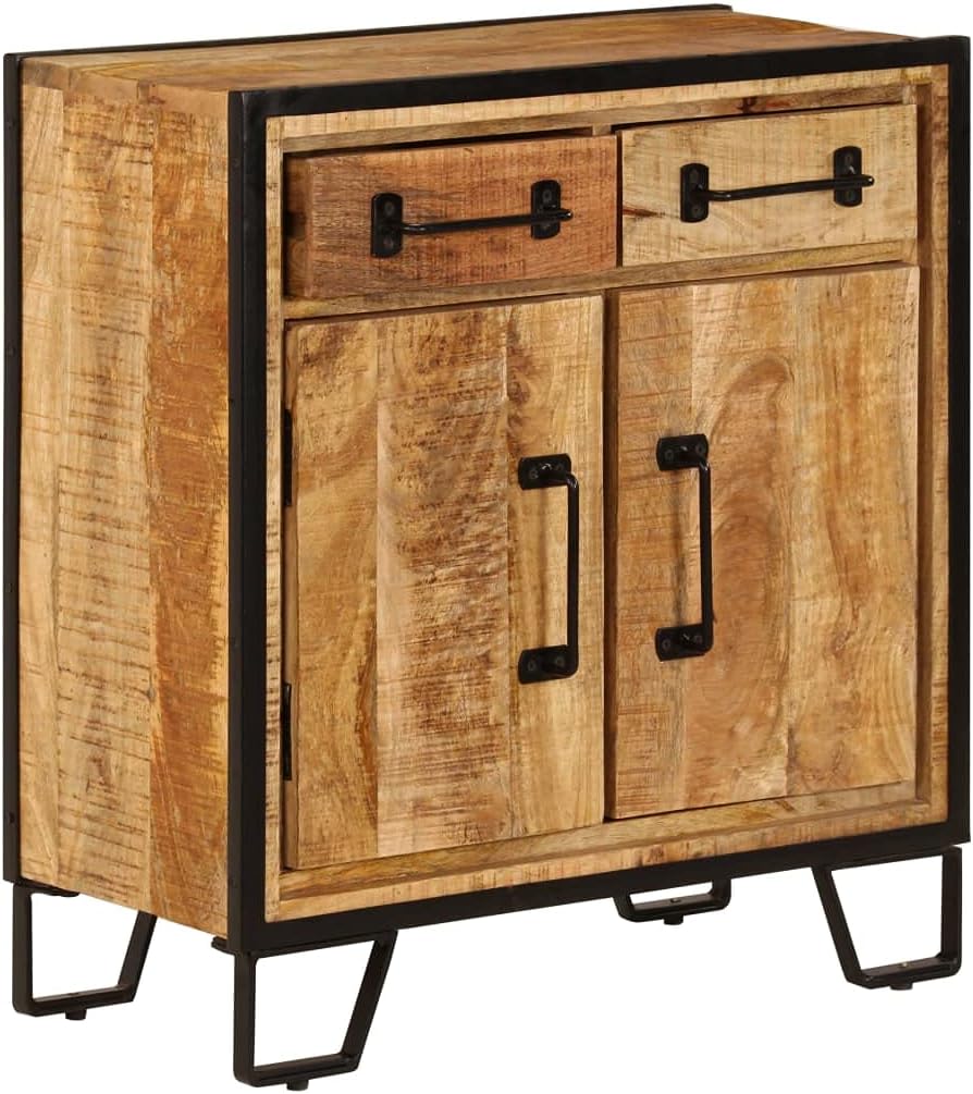 Rustic Solid Mango Wood Sideboard Cabinet 25.6 x 11.8 x 27.6 Inches, Unique Grain Patterns and Decorative Inlays for Living Dining Room Storage Organizer