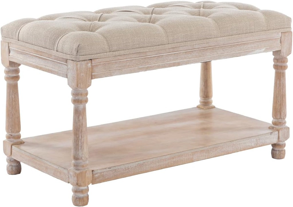 Farmhouse Storage Bench Wooden Entryway Linen Upholstered Ottoman Button Tufted Bench for Bedroom End of Bed Hallway Organizer, Beige, 32 Inch