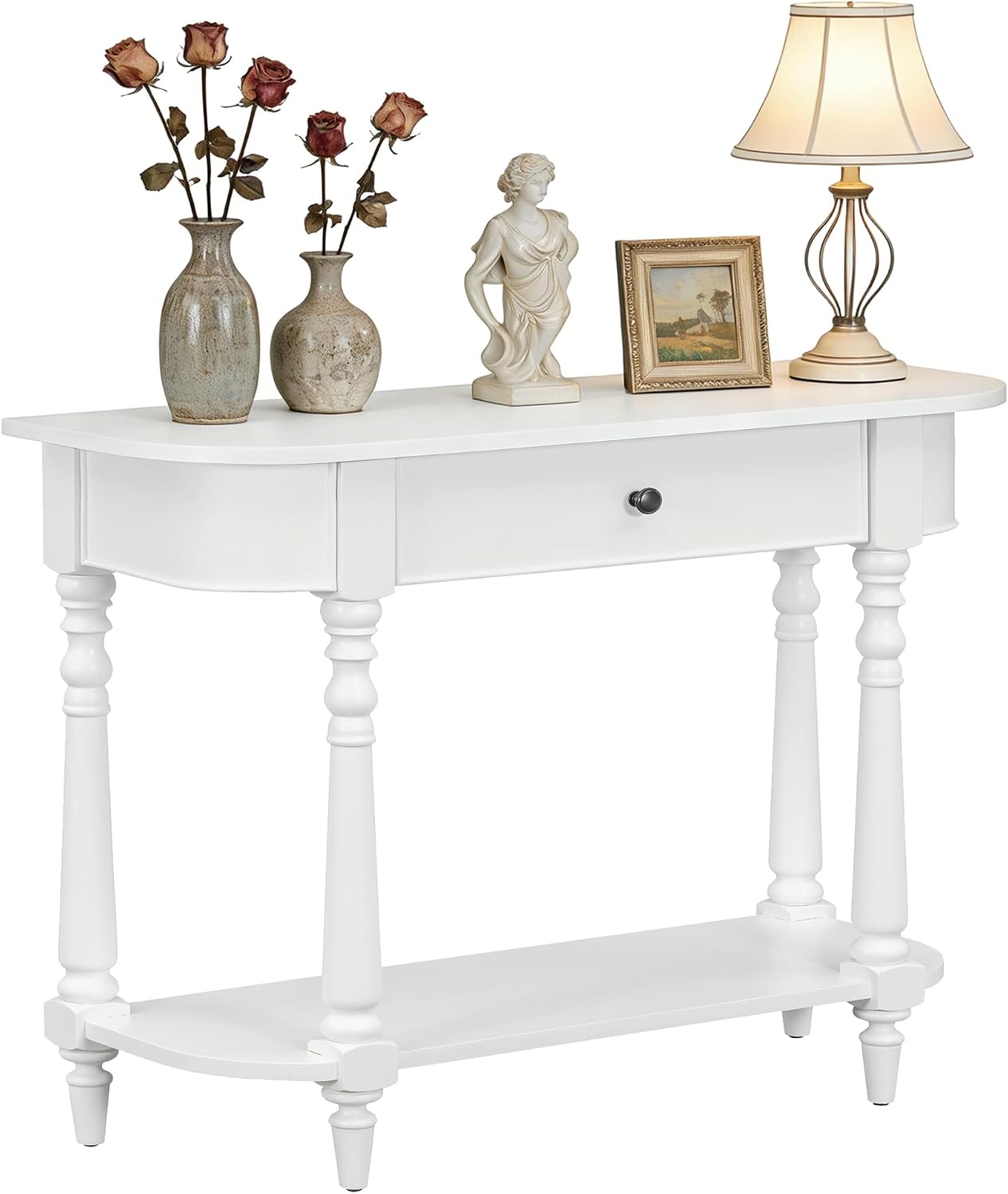 LKTART Solid Wood Corner-Curved Console Table,Farmhouse Space-Saving Entryway Sofa Table with Drawer & Open Shelf for Living Room,Hallway,Foyer(White 36")