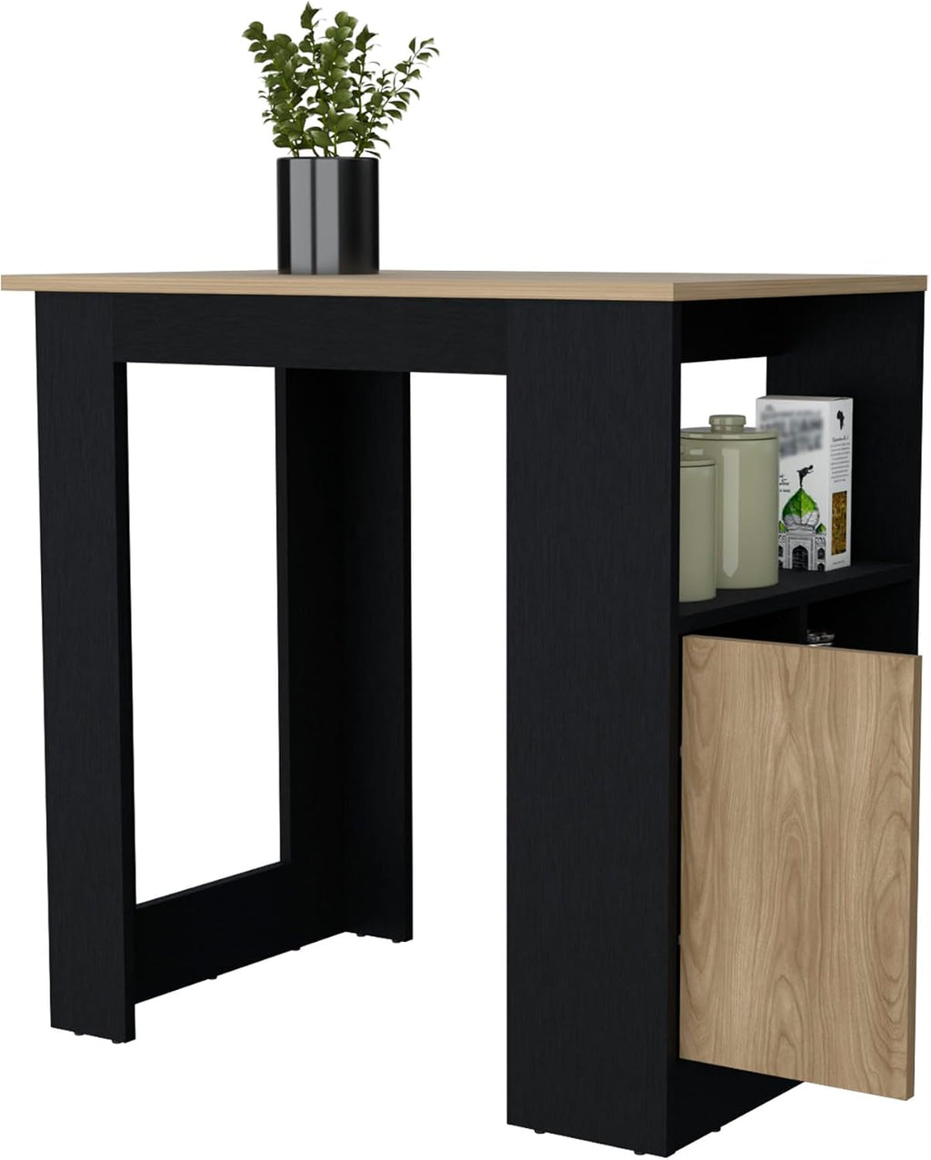 Kitchen Island with Door and Open Storage, Black/Natural Oak | Melamine kitchen island with door and open storage for organized kitchen access