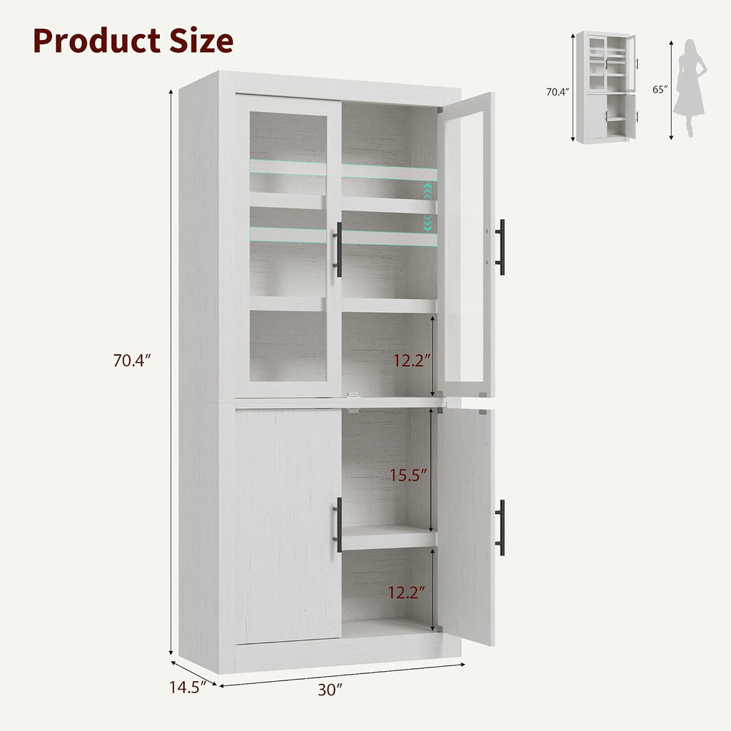Garvee Tall Kitchen Pantry Cabinet, Farmhouse Wood Storage Cabinet with 4 Doors and Adjustable Shelves, Sturdy Frame, 70.45" Large Office Bookcase Cabinets for Kitchen, Dining, Office, Rustic White