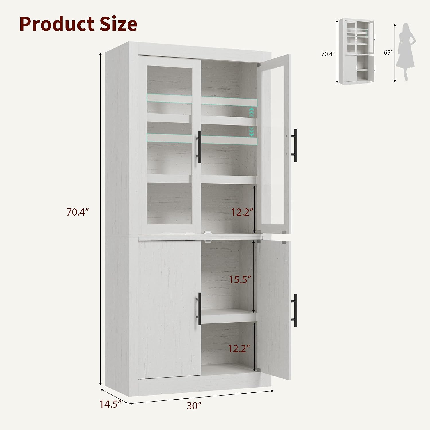 Tall Kitchen Pantry Cabinet, Farmhouse Kitchen Pantry Storage Cabinet Wood, 70.45" Large Cupboard with 4 Doors & Adjustable Shelves for Kitchen Storage, Dining, Office, Rustic White