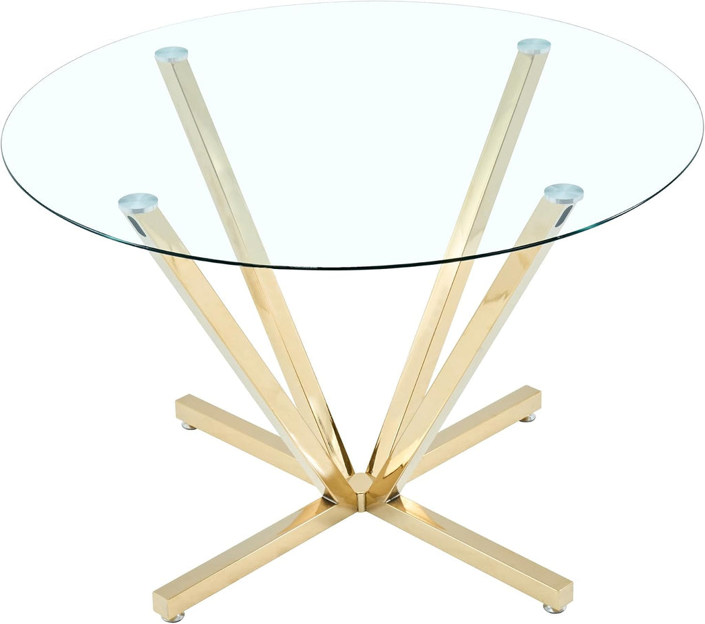 HomVent Round Dining Table, 45.2" Glass Dining Room Table for 4-6, Glass Kitchen Table with Gold Metal Legs for Apartment Home Kitchen Living Room