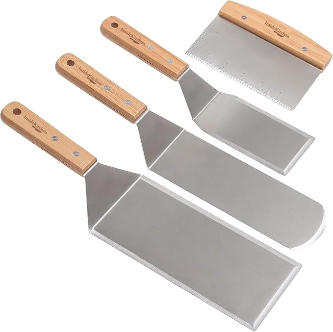 Professional Griddle Spatula Set – 4-Piece Flat Top Grill Tool Kit for BBQ, Hibachi & Outdoor Cooking – Heavy Duty Stainless Steel Griddle Spatula, Flipper, Turner, Chopper/Scraper with Wooden Handles