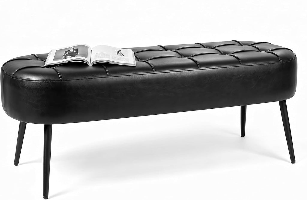 Entryway Bench, Modern PU Leather Upholstered End of Bed Bench Black | 43.7" Shoe Bench with Tufted Seat, 660 lb Capacity, Sturdy Metal Legs, Mid-Century Style, For Hallway, Living Room, Bedroom