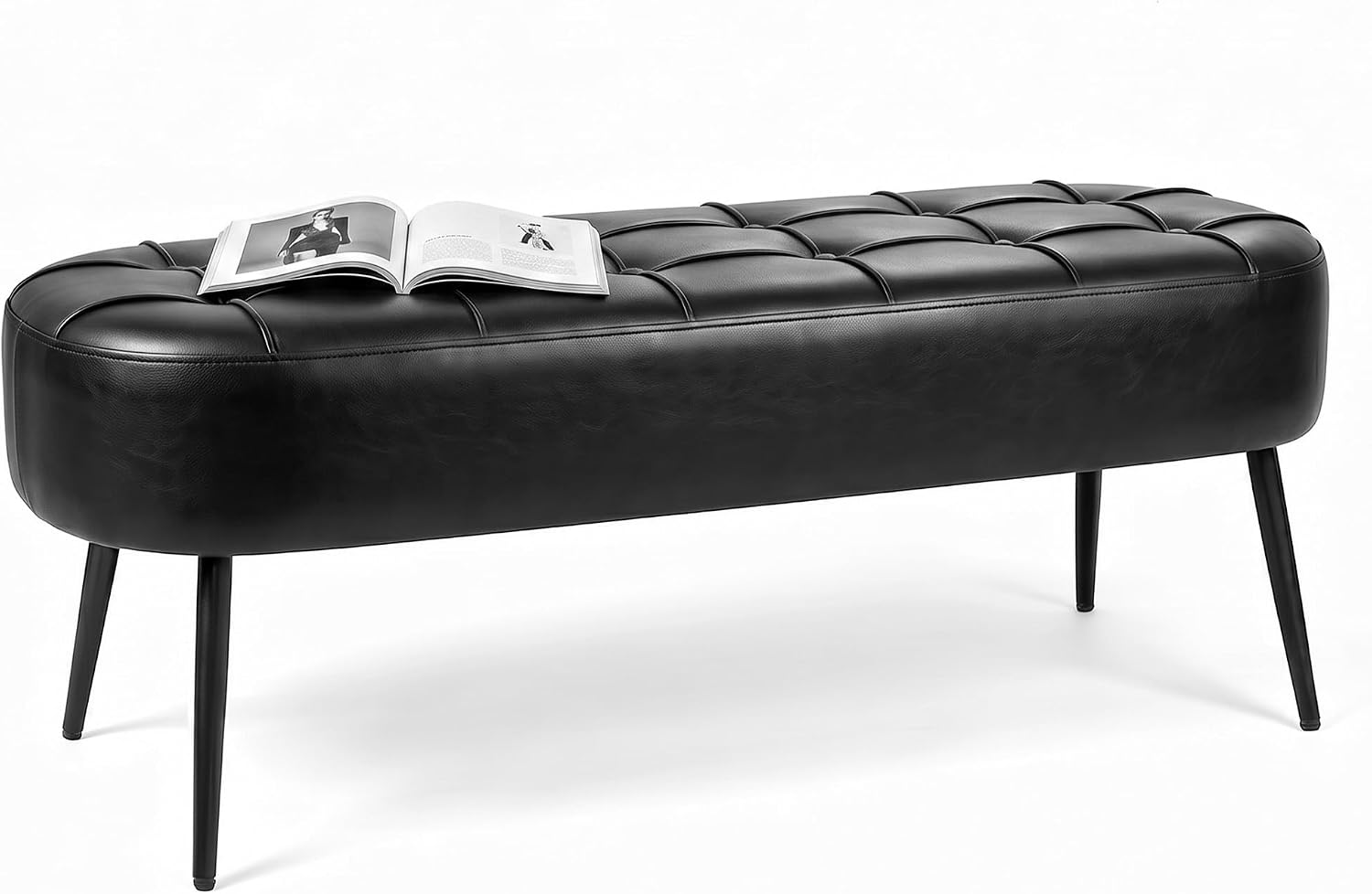Entryway Bench, Modern PU Leather Upholstered End of Bed Bench Black | 43.7" Shoe Bench with Tufted Seat, 660 lb Capacity, Sturdy Metal Legs, Mid-Century Style, For Hallway, Living Room, Bedroom