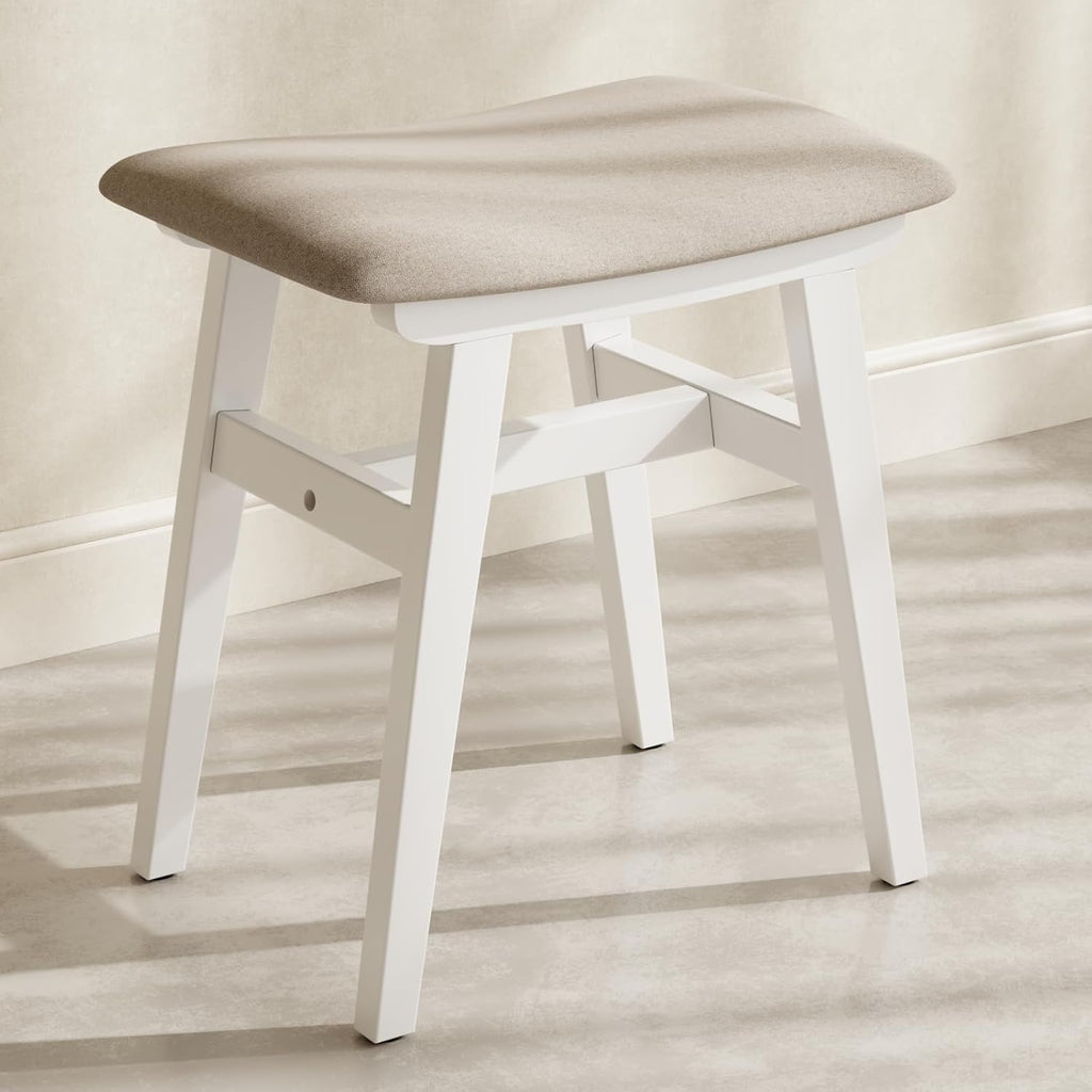 Muwuele Solid Wood Vanity Stool, Compact Makeup Chair with Saddle Cushion, Linen-Covered High Rebound Sponge Seat, Easy Assembly Footstool for Bedroom, Entryway, Home, White