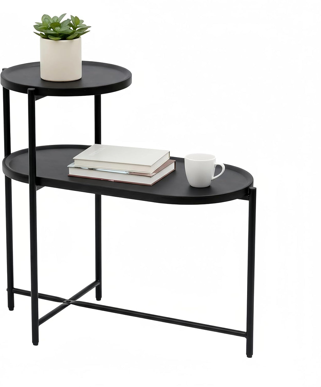 2 Tier Oval Side Table, Modern X-Leg End Table with Round Storage Tray, Black Metal Frame & Wooden Tabletop Design for Living Room, Bedroom & Office (Black)