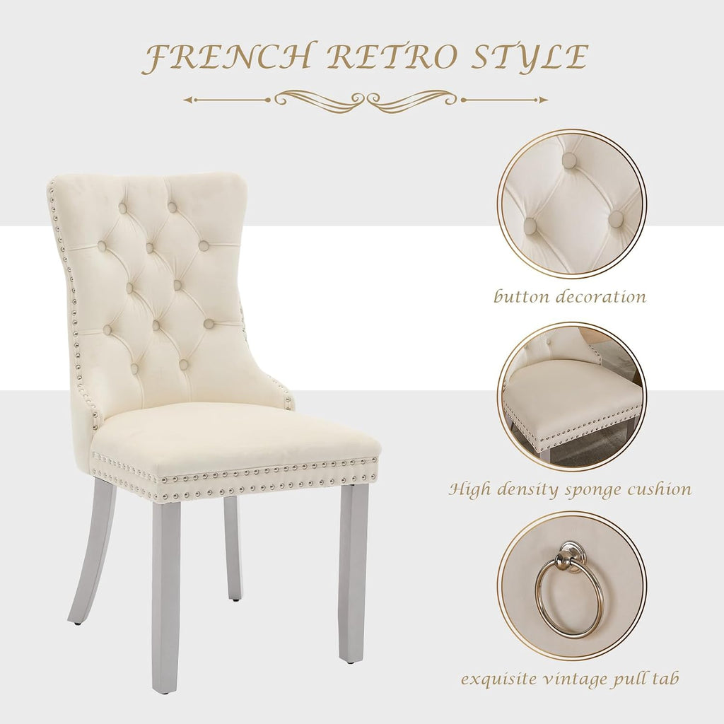 LKTART Dining Chairs Set of 6 Mid-Century Modern Chairs with Pull Ring, Velvet Upholstered Dining Chair with Wooden Legs Nailhead Trim for Kitchen Bedroom Dining Room (Beige)