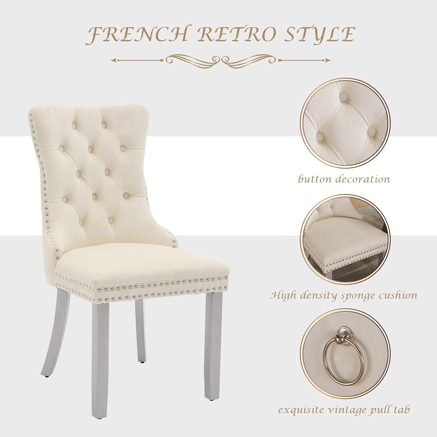 LKTART Dining Chairs Set of 6 Mid-Century Modern Chairs with Pull Ring, Velvet Upholstered Dining Chair with Wooden Legs Nailhead Trim for Kitchen Bedroom Dining Room (Beige)