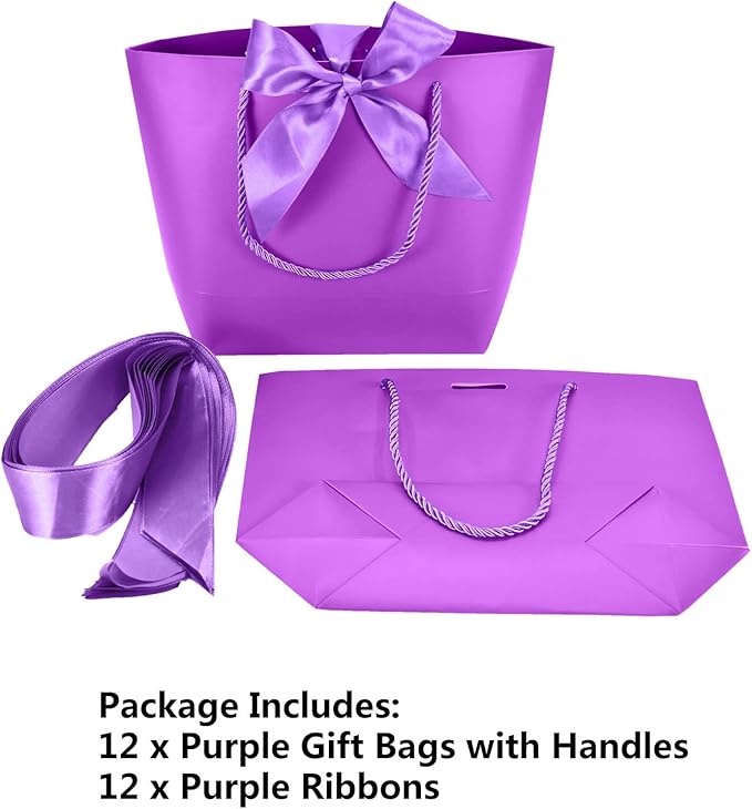 HUAPRINT Gift Bags with Handles,7.48×3.54×7.9 inches,Party Favor Bags with Bow Ribbon,12Pcs Purple Paper Bags for Birthday Wedding Bridesmaid Present Celebration Holiday