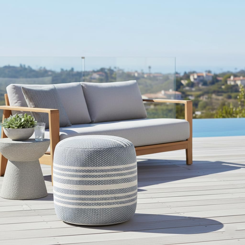 LR Home Simple Stripe Indoor Outdoor Pouf, Blue/White/Pink/Black, 20" x 20" x 20"