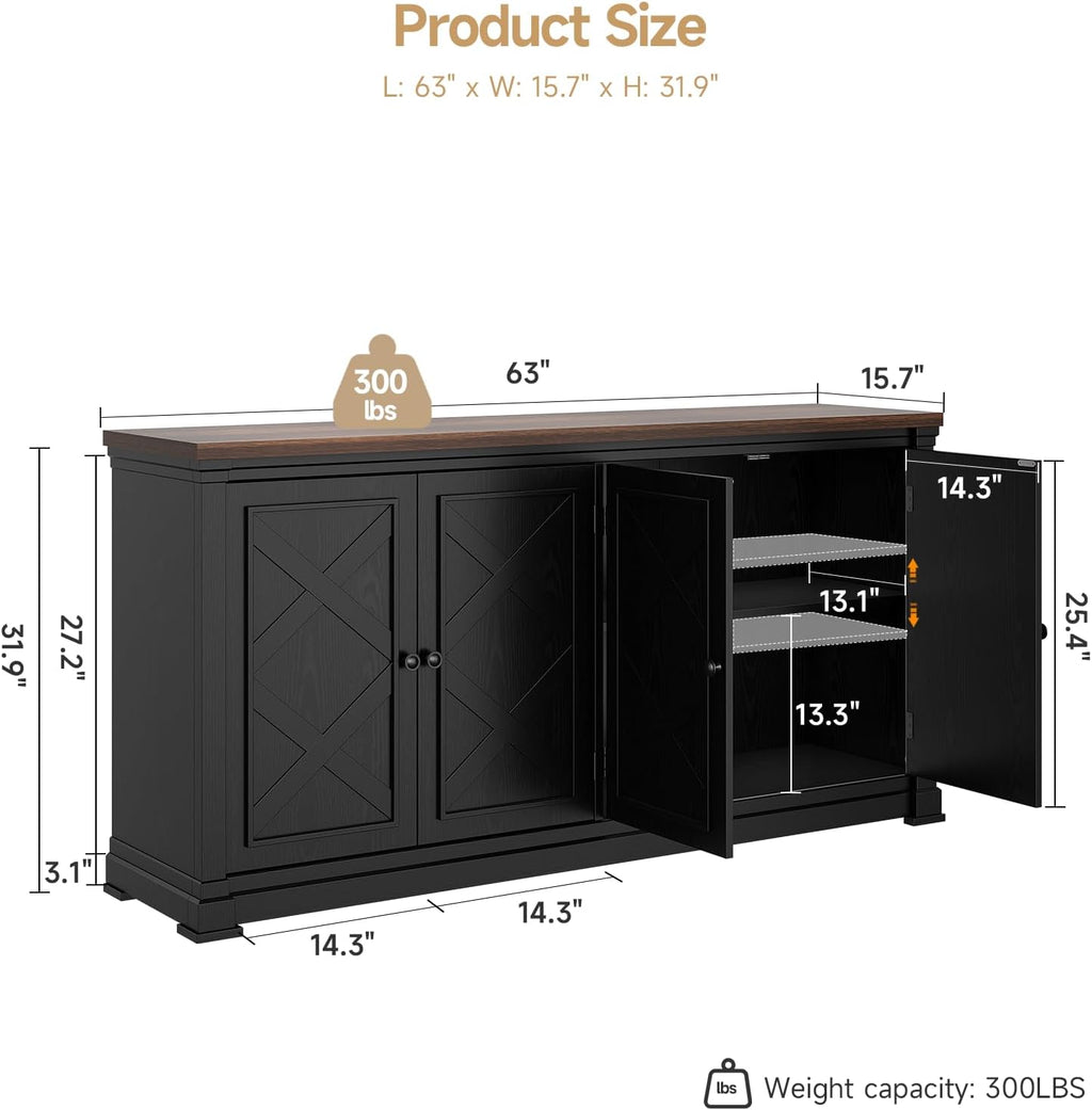 ONBRILL 63 Inches Buffet Cabinet with Storage, Large Sideboard Cabinet with 4 Barn Doors, Adjustable Shelves, Wood Coffee Bar Station for Kitchen, Living Room, Black