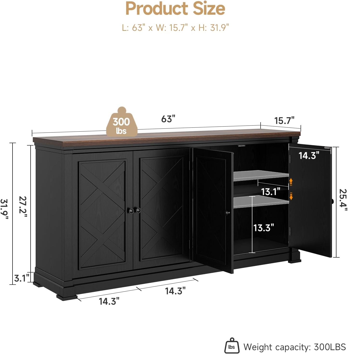 ONBRILL 63 Inches Buffet Cabinet with Storage, Large Sideboard Cabinet with 4 Barn Doors, Adjustable Shelves, Wood Coffee Bar Station for Kitchen, Living Room, Black