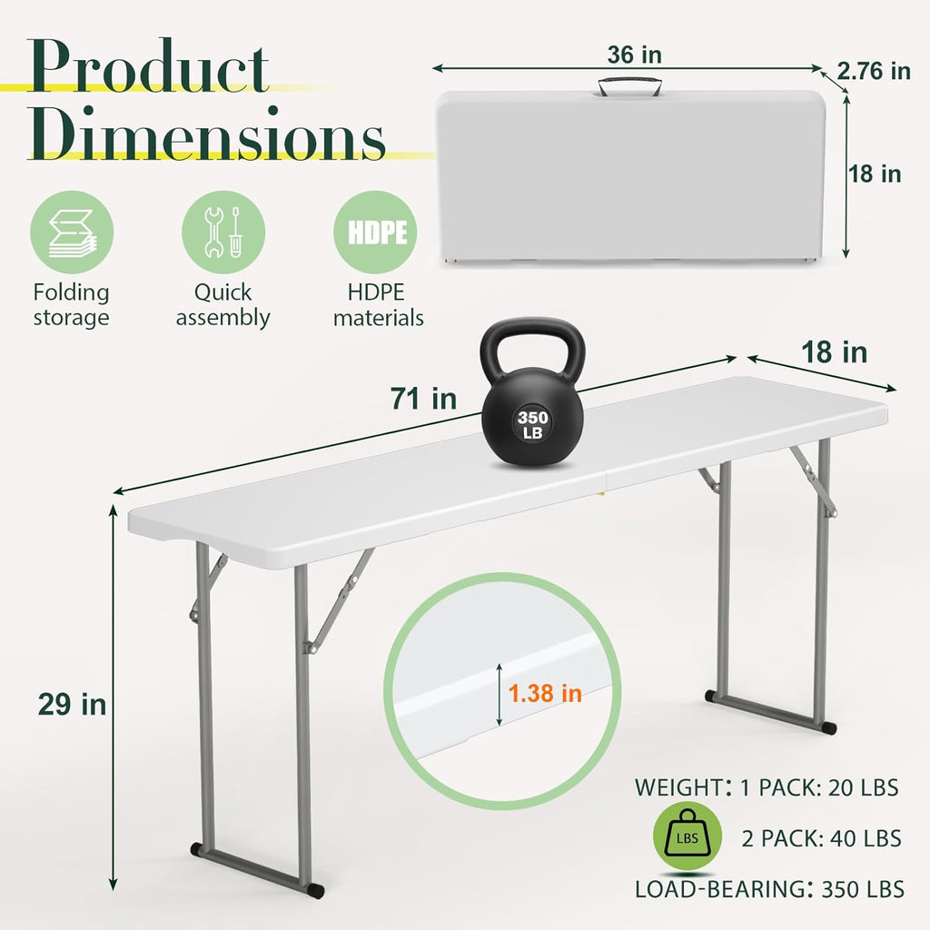 HLPB 6 FT Narrow Folding Table, Tabletop Fold-in-Half, Thickened HDPE Material and Thicker Metal Frame, Foldable with Handle & Safety Locks, Perfect for Meeting, Party, White