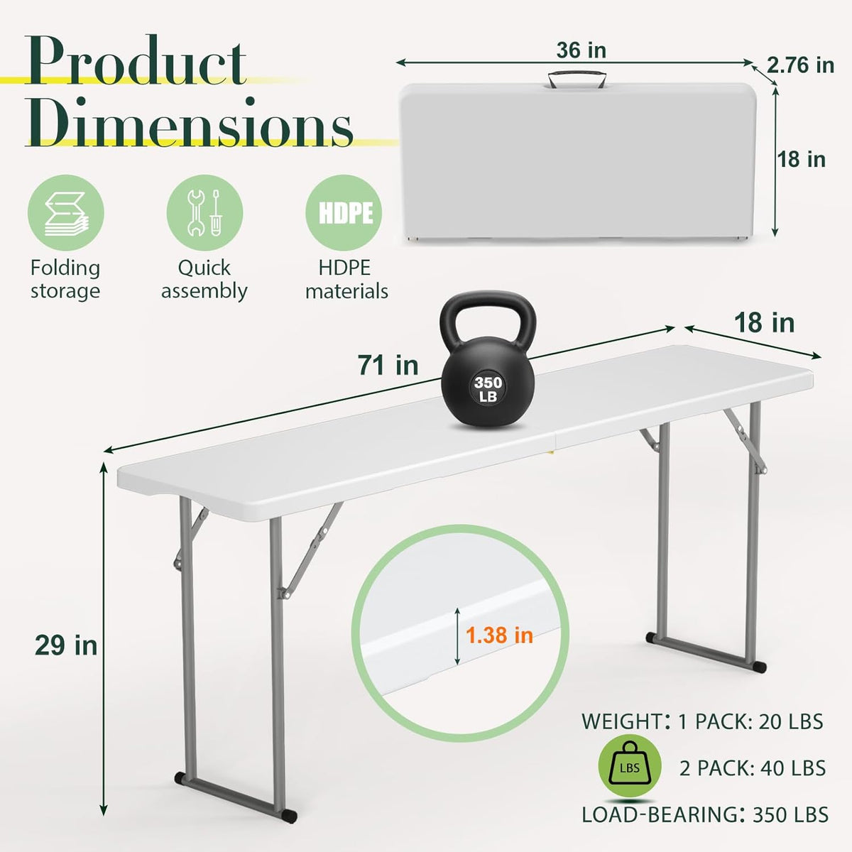 HLPB 6 FT Narrow Folding Table, Tabletop Fold-in-Half, Thickened HDPE Material and Thicker Metal Frame, Foldable with Handle & Safety Locks, Perfect for Meeting, Party, White