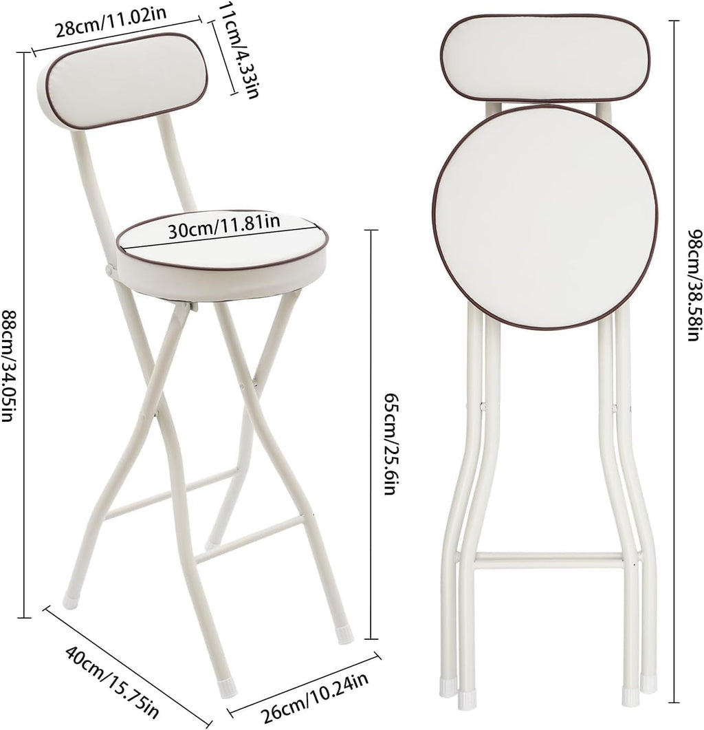 Set of 2-Folding Bar Stool Chair W/Back,Tall Foldable Chair Leather Padded | Counter Height Collapsible Stool for Adults Kitchen Island Guitar Shop Cafe Bar-White