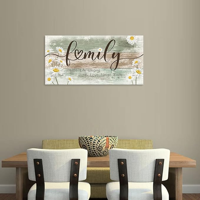 Canvas Wall Art Family Where Life Begins and Love Never Ends Inspirational Pictures Living Room Sign Wall Decor Rustic Farmhouse Motivational Canvas Prints Vintage Wooden Board Daisy Artwork 20 "x40 "