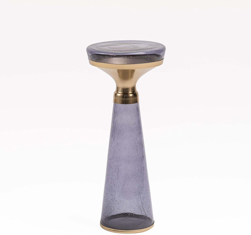 Modern Decorative Round Drink Table with Glass Base and Top with Gold Metal Accent, Martini, Gold Pedestal Table, Tall Side Table, Small Space end Table, for Living Room & Bedroom, Purple,Assembled