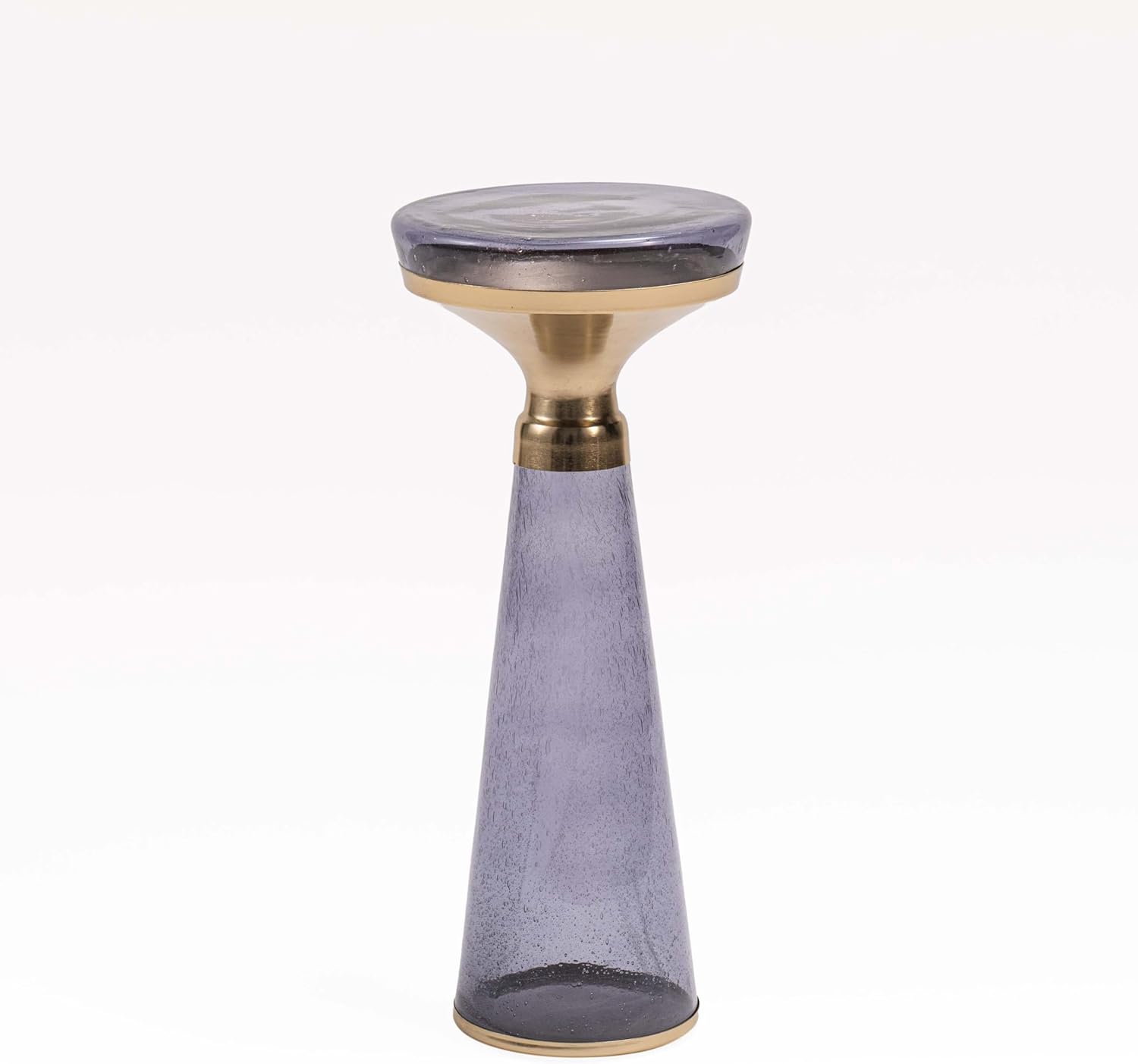Modern Decorative Round Drink Table with Glass Base and Top with Gold Metal Accent, Martini, Gold Pedestal Table, Tall Side Table, Small Space end Table, for Living Room & Bedroom, Purple,Assembled