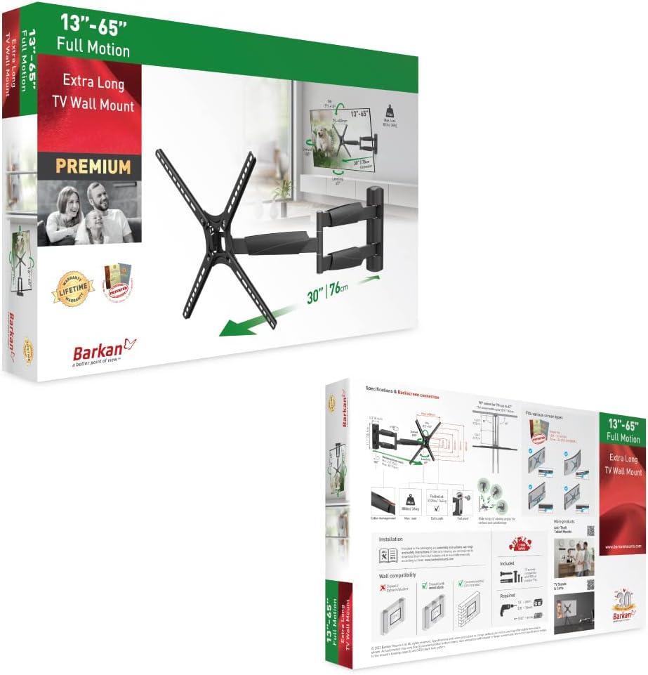 Barkan 30'' Long TV Wall Mount, 13-65 inch Full Motion Articulating - 4 Movement Flat/Curved Screen Bracket, Holds up to 80lbs, Extremely Extendable, Fits LED OLED LCD