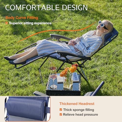 Sweetcrispy Zero Gravity Chairs Set of 2, Outdoor Folding Reclining Lounge Chair with Cup Holder Tray & Adjustable Pillow, Portable Camping Beach Patio Poolside Lawn Yard Chair, Classic Blue