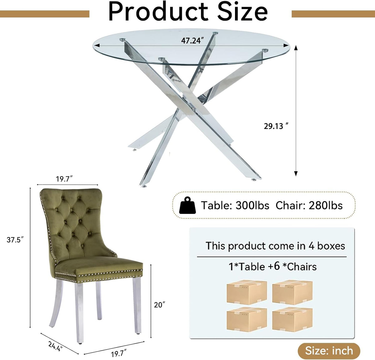 Henf 7 Piece Round Dining Table Set with 6 Upholstered Chairs, 47'' Glass Round Kitchen Table Set for 6, X-Shape Metal Legs, Modern Silver Glass Dining Table and Chair Set for 6