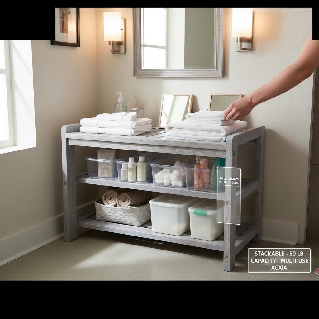 27-Inch Wooden Shoe Bench for Entryway, 3-Tier Storage Organizer, Rustic Shoe Rack Bench for Narrow Spaces, Brush Grey
