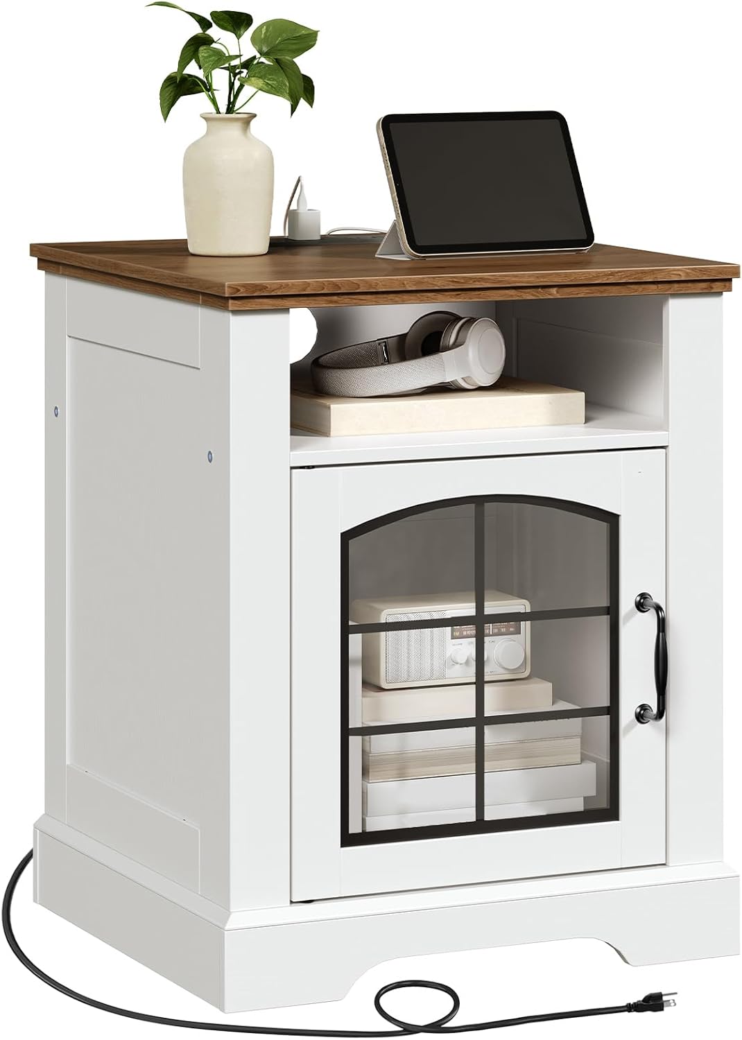 HOOBRO Farmhouse End Table for Living Room, 17.7" Wide Nightstand with Charging Station, Wooden Sofa Side Table with Tempered Glass Barn Door and Open Shelf, White and Walnut WH405UBZ01
