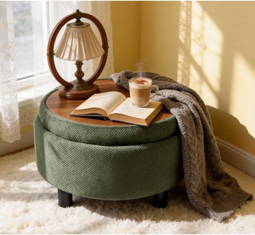 25Inch Round Storage Ottoman with Tray, ModernTufted Fabric Circle Coffee Table with Storage, Upholstered Ottoman with Removable Top for Living Room, Bedroom. (Dark Green + Wood+Fabric + Foam)